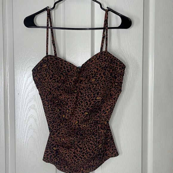 Assets by Spanx L Leopard Print Twist Bandeau Tankini Swim Top Shaping size L - Picture 2 of 6